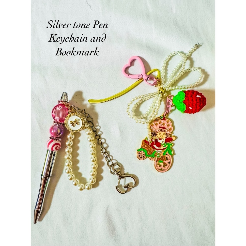 Strawberry Shortcake Keychain Charm Pen Bookmark Set Silver with Refill Ink Pens - Picture 5 of 8